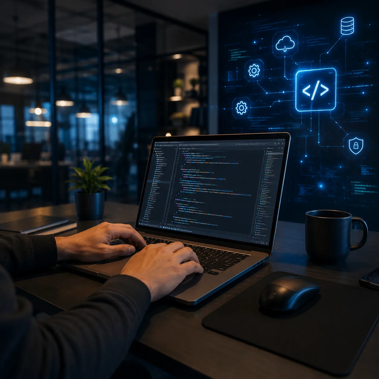 Programador de EYUB’ escribiendo el código de un sistema a la medida